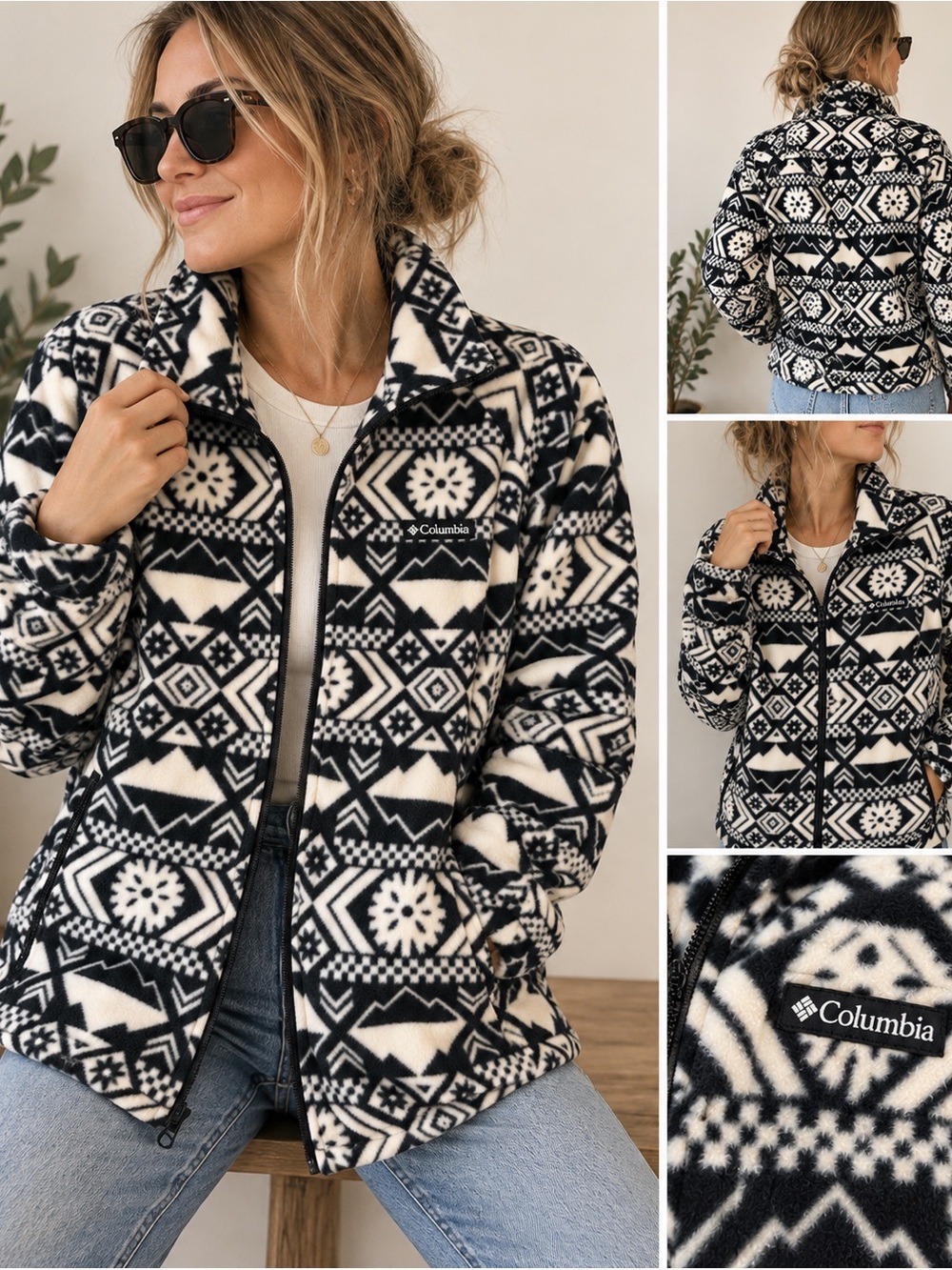 Vintage Columbia Fleece Jacket Large Black White Southwestern Aztec Full Zip